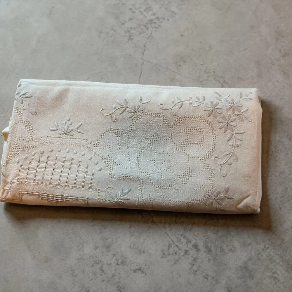 Vintage Beige Art Deco Tablecloth 17x50 Embroidered Rectangle Cottage Grannycore